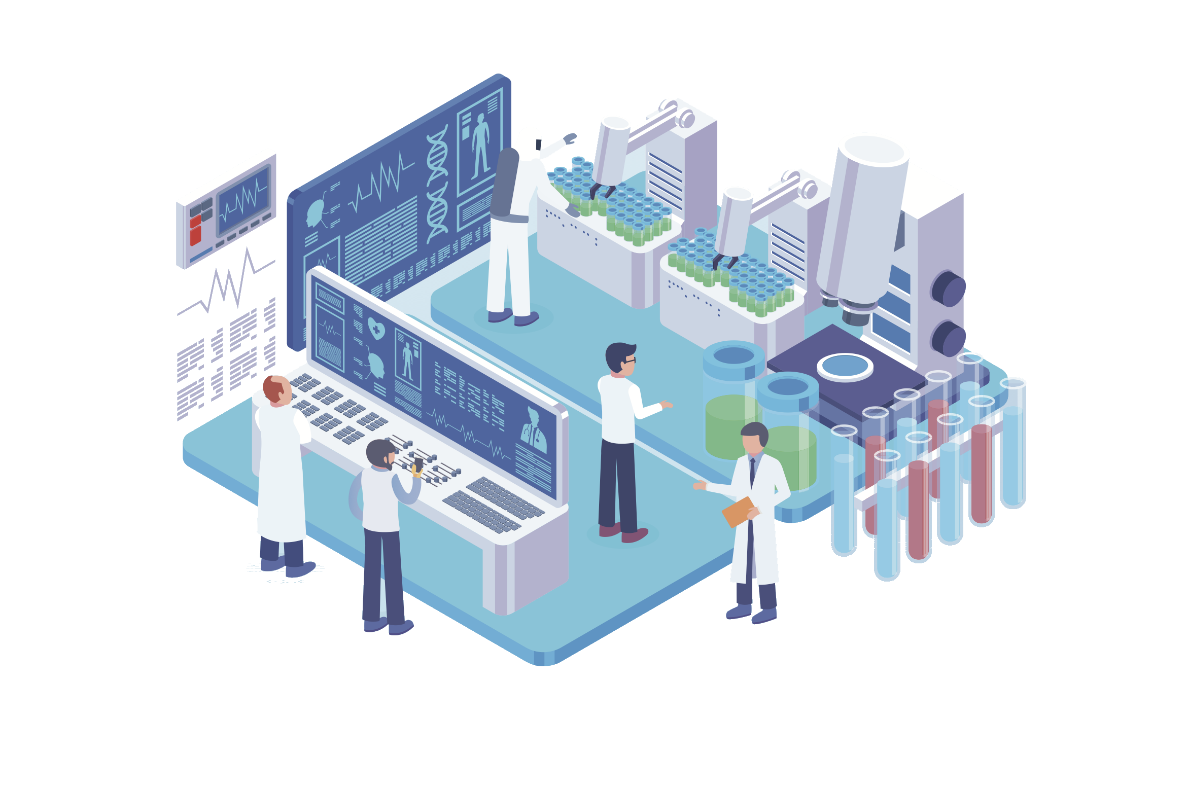 A laboratory with scientists, robotic arms and instruments